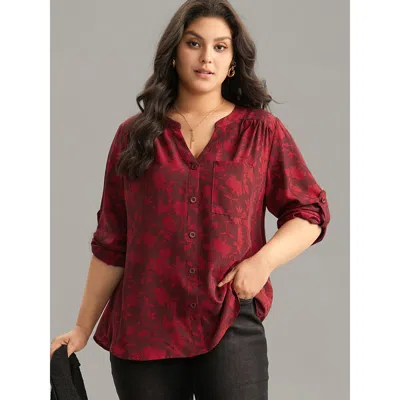 Bloomchic Women's Plus Size Silhouette Floral Print Gathered Tab Sleeve Blouse Scarlet Party Long Sleeve 30/6x In Red