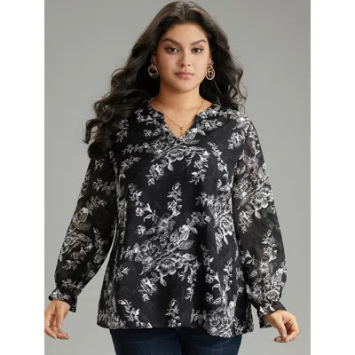 Bloomchic Women's Plus Size Silhouette Floral Print Mesh Chiffon Blouse Black Everyday Long Sleeve 14-16/1x