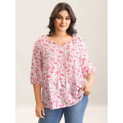 Bloomchic Women's Plus Size Silhouette Floral Print Neck Tassels Blouse Originalwhite Ditsy Floral Elegant 3/4