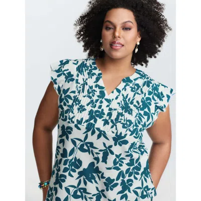 Bloomchic Women's Plus Size Silhouette Floral Print Notched Collar Pleated Blouse Aegean Floral Vacation Short In Blue
