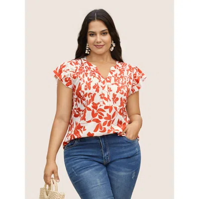 Bloomchic Women's Plus Size Silhouette Floral Print Notched Collar Pleated Blouse Orangered Floral Vacation Sh