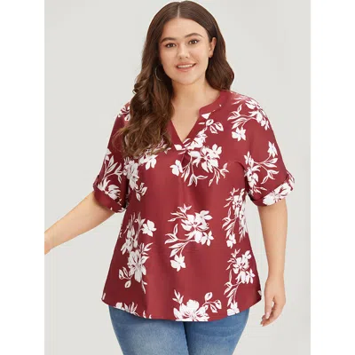 Bloomchic Women's Plus Size Silhouette Floral Print Notched Roll Sleeve Blouse Multicolor Dailywear Short Slee