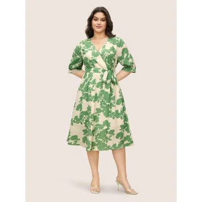 Bloomchic Women's Plus Size Silhouette Floral Print Overlap Collar Lantern Sleeve Dress Mint Floral Midi Every In Green