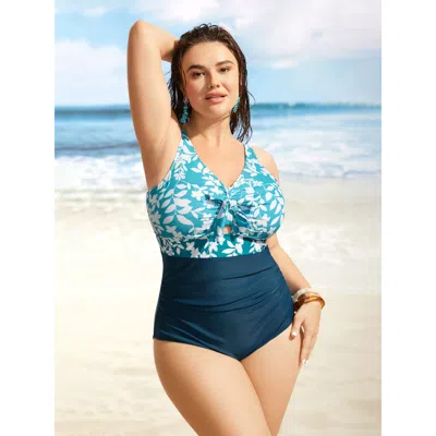 Bloomchic Women's Plus Size Silhouette Floral Print Patchwork Gathered One Piece Swimsuit Cyan Ditsy Floral Ti In Blue