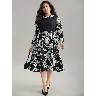 Bloomchic Women's Plus Size Silhouette Floral Print Patchwork Ruffle Hem Dress Black Office Printed 14-16/1x