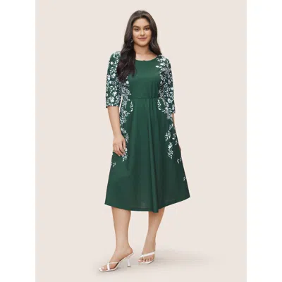 Bloomchic Women's Plus Size Silhouette Floral Print Pocket Elastic Waist Dress Green Floral Midi Everyday Non 