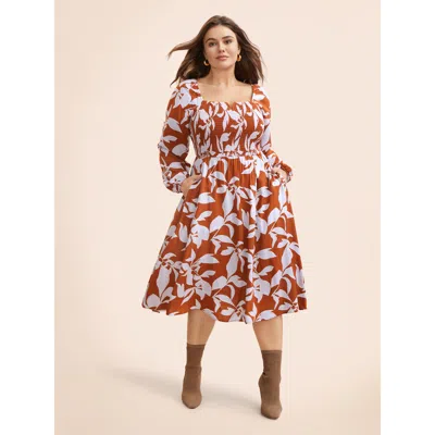Bloomchic Women's Plus Size Silhouette Floral Print Shirred Midi Dress Rust Floral Midi Vacation Shirred 22-24 In Brown