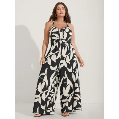 Bloomchic Women's Plus Size Silhouette Floral Print Sweetheart Jumpsuit Black Vacation 10/m