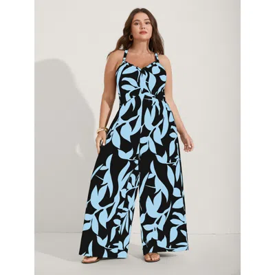 Bloomchic Women's Plus Size Silhouette Floral Print Sweetheart Jumpsuit Lightblue Vacation 12/l In Blue