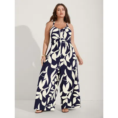 Bloomchic Women's Plus Size Silhouette Floral Print Sweetheart Jumpsuit Navy Vacation 10/m In Blue