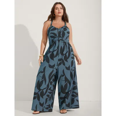 Bloomchic Women's Plus Size Silhouette Floral Print Sweetheart Jumpsuit Stone Vacation 10/m In Gray