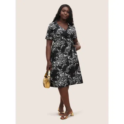 Bloomchic Women's Plus Size Silhouette Floral Print Ties Lapel Collar Dress Black Floral Midi Office Non 10/m