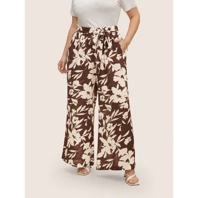 Bloomchic Women's Plus Size Silhouette Floral Print Ties Side Seam Pocket Pants Browncoffeecolor Floral Wide L