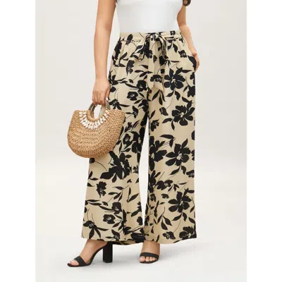Bloomchic Women's Plus Size Silhouette Floral Print Ties Side Seam Pocket Pants Champagne Floral Wide Leg High In Gold