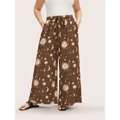 Bloomchic Women's Plus Size Silhouette Floral Print Ties Side Seam Pocket Pants Yellowishbrown Star & Moon Wid
