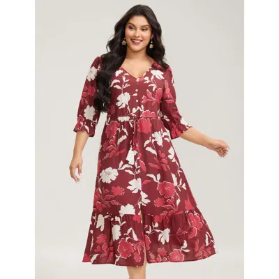 Bloomchic Women's Plus Size Silhouette Floral Print Waist-drawstring Midi Dress Deepred Floral Midi Elegant 28 In Red