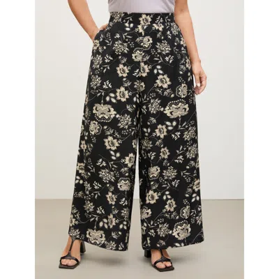 Bloomchic Women's Plus Size Silhouette Floral Print Wide-leg Pants Blackflower Floral Wide Leg Mid Rise Office
