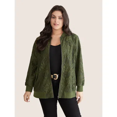 Bloomchic Women's Plus Size Silhouette Floral Print Zipper Lace Panel Jacket Armygreen Elastic Cuffs 10/m