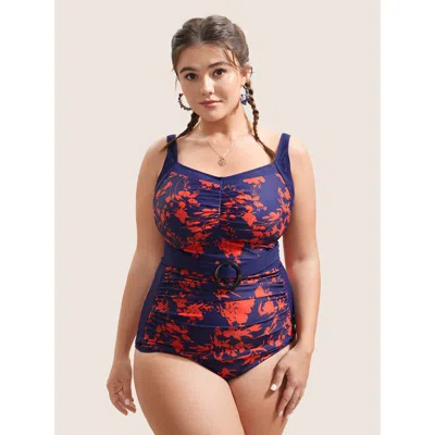 Bloomchic Women's Plus Size Silhouette Floral Ruched Buckle Detail One Piece Swimsuit Darkblue Floral Non 30/6 In Blue