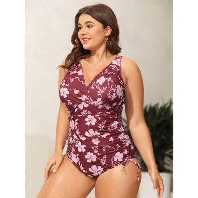Bloomchic Women's Plus Size Silhouette Floral Side Drawstring One-piece Swimsuit Russet Floral Gathered Adapti In Brown