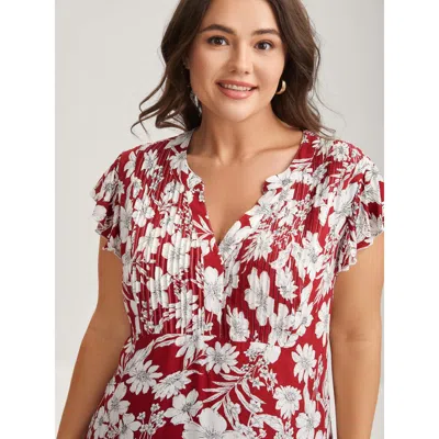 Bloomchic Women's Plus Size Silhouette Floral Toothpick Pleat Blouse Scarlet Ditsy Floral Elegant Short Sleeve In Red