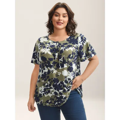 Bloomchic Women's Plus Size Silhouette Flower Button Placket Jersey Top Sage Short Sleeve Casual 10/m In Green