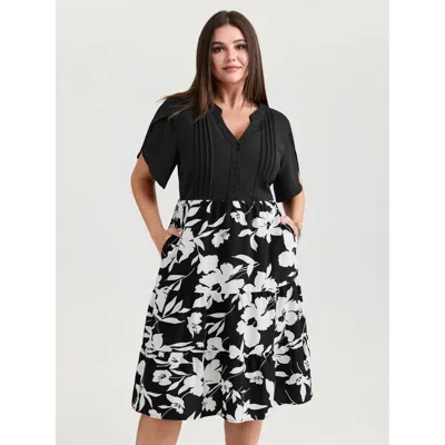 Bloomchic Women's Plus Size Silhouette Flower Color Contrast Mini Dress Black Floral Knee Office Gathered 18-2