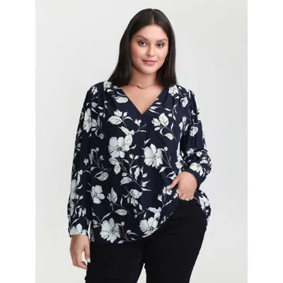 Bloomchic Women's Plus Size Silhouette Flower Pleated Shoulder Blouse Indigo Floral Office Long Sleeve 10/m In Purple