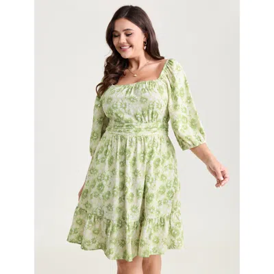 Bloomchic Women's Plus Size Silhouette Flower Pleated Waist Mini Dress Lightgreen Ditsy Floral Short Elegant S