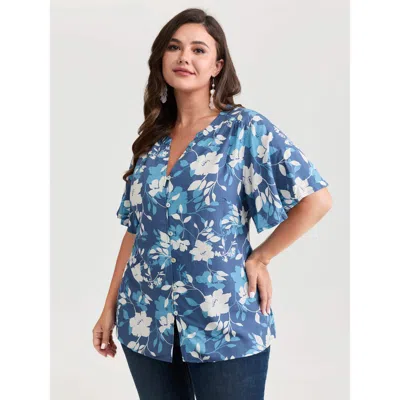 Bloomchic Women's Plus Size Silhouette Flower Print Button-down Blouse Skyblue Ditsy Floral Elegant Short Slee In Blue