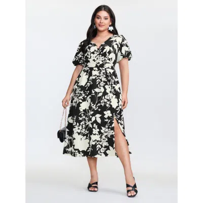 Bloomchic Women's Plus Size Silhouette Flower Print Pockets Adjustable Midi Dress Blackflower Ditsy Floral Mid