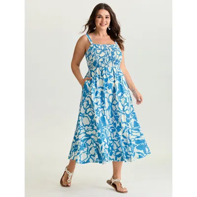 Bloomchic Women's Plus Size Silhouette Flower Print Shirred Cami Midi Dress Skyblue Floral Midi Vacation Shirr In Blue