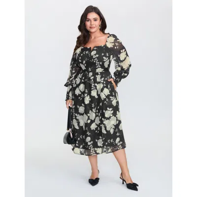 Bloomchic Women's Plus Size Silhouette Flower Print Shirred Pockets Midi Dress Blackflower Floral Midi Elegant