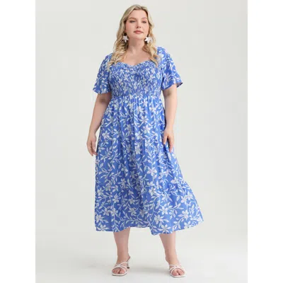Bloomchic Women's Plus Size Silhouette Flower Print Shirred Pockets Midi Dress Skyblue Ditsy Floral Midi Elega In Blue