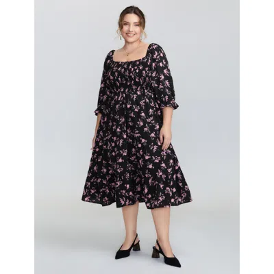 Bloomchic Women's Plus Size Silhouette Flower Print Shirred Stretchy Waist Midi Dress Black Floral Midi Elegan