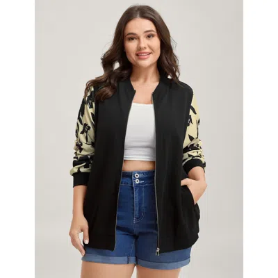 Bloomchic Women's Plus Size Silhouette Flower Print Zipper-front Jacket Black Colorblock O-line 10/m
