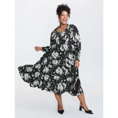 Bloomchic Women's Plus Size Silhouette Flower Shirred Maxi Dress Black Floral Midi Elegant Smocked 12/l