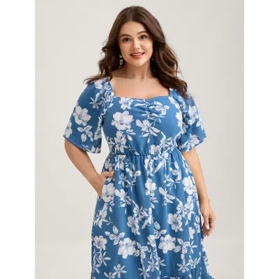 Bloomchic Women's Plus Size Silhouette Flower Stretchy Waist Pleated Midi Dress Mediumblue Floral Midi Elegant