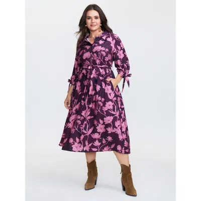Bloomchic Women's Plus Size Silhouette Flower Stretchy Waist Tie Midi Dress Deeppurplered Floral Midi Vacation