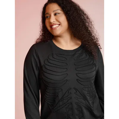 Bloomchic Women's Plus Size Skeleton Embroidered Crew Neck Sweatshirt Black Line Art Casual Round Neck 10/m