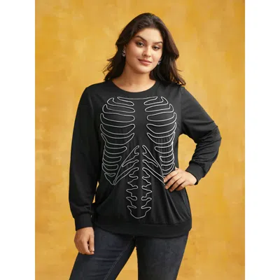 Bloomchic Women's Plus Size Skeleton Embroidered Crew Neck Sweatshirt Multicolor Line Art Casual Round Neck 12
