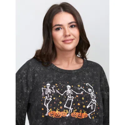 Bloomchic Women's Plus Size Skeleton Halloween Party Snowflake Effect Sweatshirt Black Graphic-halloween Casua