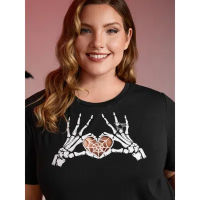 Bloomchic Women's Plus Size Skeleton Heart Embroidered Cut-out T-shirt Black Figurative Print Casual Short Sle