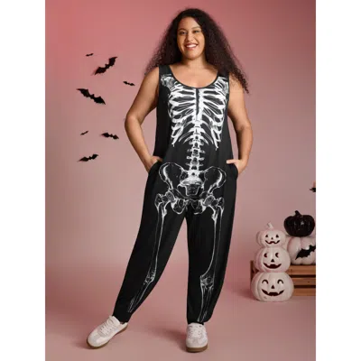 Bloomchic Women's Plus Size Skeleton Printed Off-sleeves Jumpsuit Black Casual 10/m