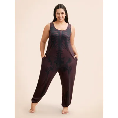 Bloomchic Women's Plus Size Skeleton Printed Off-sleeves Jumpsuit Burgundy Casual 12/l