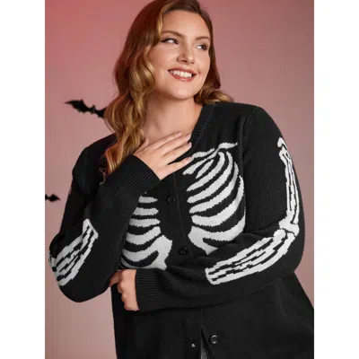 Bloomchic Women's Plus Size Skeleton Ribcage Print Button Knit Cardigan Black Long Sleeve 18-20/2x