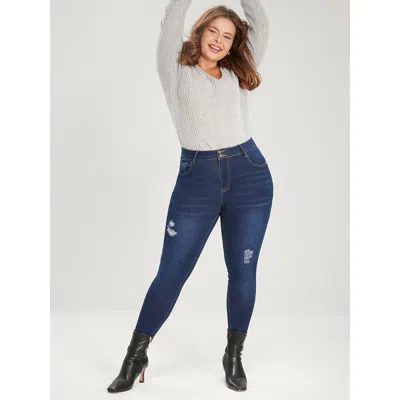 Bloomchic Women's Plus Size Skinny Extremely Stretchy High Rise Dark Wash Distressed Jeans Blue Plain Distress