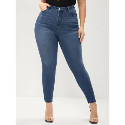 Bloomchic Women's Plus Size Skinny Extremely Stretchy High Rise Medium Wash Sculpt Waist Jeans Blue Plain Tumm