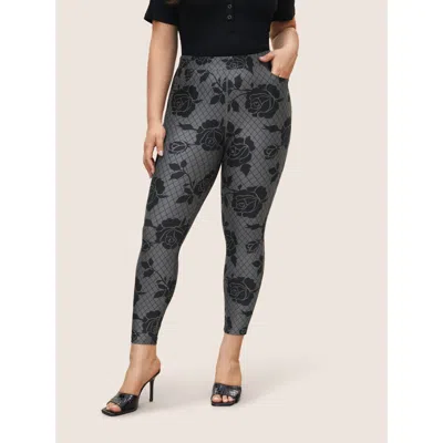 Bloomchic Women's Plus Size Skinny Rose Print High Rise Leggings Dimgray High Stretch High Rise Office 10/m
