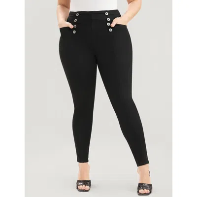 Bloomchic Women's Plus Size Skinny Slightly Stretchy High Rise Black Wash Button Detail Pocket Jeans Black Pla